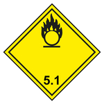 Gefahrzettel, Gefahrgutaufkleber Klasse 5.1 Entzündend (oxidierend) wirkende Stoffe, Flamme über einem Kreis Schwarz, mit durchgehender Kontrastlinie, Folie, 100 x 100 mm, Einzeletikett