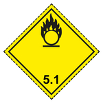 Gefahrzettel, Gefahrgutaufkleber Klasse 5.1 Entzündend (oxidierend) wirkende Stoffe, Flamme über einem Kreis Schwarz, mit gestrichelter Kontrastlinie, Folie, 100 x 100 mm, Einzeletikett