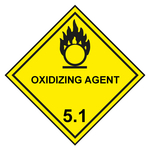 Gefahrzettel, Gefahrgutaufkleber Klasse 5.1 Entzündend (oxidierend) wirkende Stoffe, Flamme über einem Kreis Schwarz mit Zusatztext OXIDIZING AGENT, mit durchgehender Kontrastlinie in verschiedenen Größen und Materialien