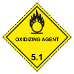 Gefahrzettel, Gefahrgutaufkleber Klasse 5.1 Entzündend (oxidierend) wirkende Stoffe, Flamme über einem Kreis Schwarz mit Zusatztext OXIDIZING AGENT, mit gestrichelter Kontrastlinie in verschiedenen Größen und Materialien