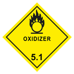 Gefahrzettel, Gefahrgutaufkleber Klasse 5.1 Entzündend (oxidierend) wirkende Stoffe, Flamme über einem Kreis Schwarz mit Zusatztext OXIDIZER, Folie, 100 x 100 mm, 100 Stück/Rolle