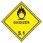 Gefahrzettel, Gefahrgutaufkleber Klasse 5.1 Entzündend (oxidierend) wirkende Stoffe, Flamme über einem Kreis Schwarz mit Zusatztext OXIDIZER, mit durchgehender Kontrastlinie in verschiedenen Größen und Materialien