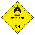 Gefahrzettel, Gefahrgutaufkleber Klasse 5.1 Entzündend (oxidierend) wirkende Stoffe, Flamme über einem Kreis Schwarz mit Zusatztext OXIDIZER, mit gestrichelter Kontrastlinie in verschiedenen Größen und Materialien