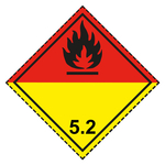 Gefahrzettel, Gefahrgutaufkleber Klasse 5.2 Organische Peroxide, Flamme Schwarz, mit gestrichelter Kontrastlinie in verschiedenen Größen und Materialien