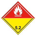 Gefahrzettel, Gefahrgutaufkleber Klasse 5.2 Organische Peroxide, Flamme Weiß, mit gestrichelter Kontrastlinie unten in verschiedenen Größen und Materialien