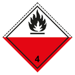 Gefahrzettel, Gefahrgutaufkleber Klasse 4.2 Selbstentzündliche Stoffe, Flamme Schwarz mit gestrichelter Kontrastlinie oben in verschiedenen Größen und Materialien