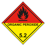 Gefahrzettel, Gefahrgutaufkleber Klasse 5.2 Organische Peroxide, Flamme Schwarz mit Zusatztext ORGANIC PEROXIDE, mit gestrichelter Kontrastlinie in verschiedenen Größen und Materialien
