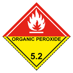 Gefahrzettel, Gefahrgutaufkleber Klasse 5.2 Organische Peroxide, Flamme Weiß mit Zusatztext ORGANIC PEROXIDE, mit gestrichelter Kontrastlinie unten in verschiedenen Größen und Materialien
