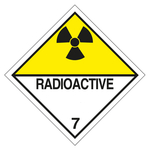 Gefahrzettel, Gefahrgutaufkleber Klasse 7D Radioaktive Stoffe, Strahlensymbol Schwarz mit Zusatztext RADIOACTIVE, Folie, 20 x 20 mm, 20 Stück/Bogen