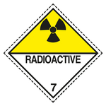 Gefahrzettel, Gefahrgutaufkleber Klasse 7D Radioaktive Stoffe, Strahlensymbol Schwarz mit Zusatztext RADIOACTIVE, mit gestrichelter Kontrastlinie in verschiedenen Größen und Materialien