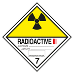 Gefahrzettel, Gefahrgutaufkleber Klasse 7C Radioaktive Stoffe, Strahlensymbol Schwarz mit Zusatztext RADIOACTIVE III, mit durchgehender Kontrastlinie, Folie, 100 x 100 mm, Einzeletikett