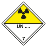 Gefahrzettel, Gefahrgutaufkleber Klasse 7D Radioaktive Stoffe mit Eindruck UN-Nummer, Strahlensymbol Schwarz, mit durchgehender Kontrastlinie in verschiedenen Größen und Materialien