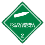 Gefahrzettel, Gefahrgutaufkleber Klasse 2.2 Nicht entz&uuml;ndbare, nicht giftige Gase mit Zusatztext NON-FLAMMABLE COMPRESSED GAS, Gasflasche Wei&szlig; mit gestrichelter Kontrastlinie, Folie, 50 x 50 mm, 100 St&uuml;ck/Rolle