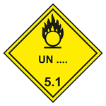Gefahrzettel, Gefahrgutaufkleber Klasse 5.1 Entzündend (oxidierend) wirkende Stoffe mit Eindruck UN-Nummer, Flamme über einem Kreis Schwarz, mit durchgehender Kontrastlinie in verschiedenen Größen und Materialien