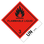 Gefahrzettel Gefahrgutaufkleber Klasse 3 Entzündbare, flüssige Stoffe mit Zusatztext FLAMMABLE LIQUID mit Eindruck UN-Nummer Flamme Schwarz