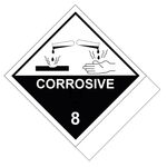 Gefahrzettel, Gefahrgutaufkleber Klasse 8 Ätzende Stoffe mit Zusatztext CORROSIVE zur Selbstbeschriftung, Folie, 100 x 120 mm, 500 Stück/Rolle