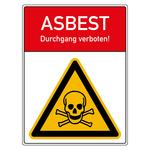 Warnschild ASBEST Durchgang verboten!, Symbol Totenkopf, in verschiedenen Größen und Materialien