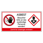 Hinweisschild Asbest, Symbol GHS08 Gesundheitsgefahr, Zutritt verboten, in verschiedenen Größen und Materialien