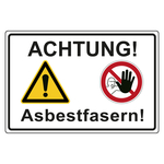 Hinweisschild Asbestfasern, Symbol Warnung vor einer Gefahrenstelle, Zutritt verboten, in verschiedenen Größen und Materialien