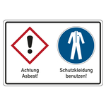 Gebotsschild Asbest, Symbol GHS07 Ausrufezeichen, Schutzkleidung benutzen, Folie, 300 x 200 mm, Einzeletikett