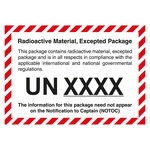Gefahrzettel Radioactive Material, Excepted Package, mit Eindruck UN-Nummer, in verschiedenen Verpackungseinheiten