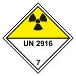 Gefahrzettel, Gefahrgutaufkleber Klasse 7D Radioaktive Stoffe mit UN 2916, Strahlensymbol Schwarz, mit durchgehender Kontrastlinie, Magnetfolie, 100 x 100 mm, Einzelstück