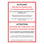 Paketaufkleber Achtung! Bitte Ware bei Empfang sofort &uuml;berpr&uuml;fen, deutsch/englisch, Haftpapier, 105 x 148 mm, 100 St&uuml;ck/Rolle