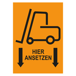 Verpackungskennzeichen Gabelstapler hier ansetzen, Orange, Folie, 74 x 105 mm, 500 St&uuml;ck/Rolle