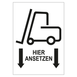 Verpackungskennzeichen Gabelstapler hier ansetzen, Wei&szlig;, Haftpapier, 74 x 105 mm, 500 St&uuml;ck/Rolle