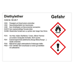 GHS Gefahrstoffetikett Diethylether, für interne Verwendung, Folie mit Schutzfolie, 74 x 52 mm, Einzeletikett