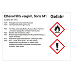 GHS Gefahrstoffetikett Ethanol 96% verg&auml;llt, Sorte 641, f&uuml;r interne Verwendung, Folie, 74 x 52 mm, 100 St&uuml;ck/Rolle