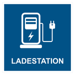 Hinweisschild "Elektro Tankstelle" mit Zusatztext Ladestation, Blau, Quadratisch