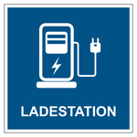 Hinweisschild "Elektro-Tankstelle" mit Zusatztext Ladestation, Blau, Aluminium Verbundplatte 3 mm, 300 x 300 mm, Einzelstück