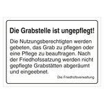 Grabstein Aufkleber "Grabstelle ist ungepflegt, pflegen oder Pflege beauftragen" Folie weiß 105 x 74 mm 100 Stück/Rolle