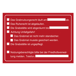 Grabstein Aufkleber "Nutzungsrecht, Ruherecht, Grabstelle ungepflegt, Unfallgefahr" Folie rot 148 x 105 mm 100 Stück/Rolle