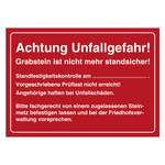 Grabstein Aufkleber "Unfallgefahr Grabstein Standfestigkeit" Folie rot 105 x 74 mm 100 Stück/Rolle