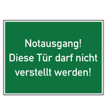 Rettungszeichen Notausgang! Diese T&uuml;r darf nicht verstellt werden! Folie 400 x 300 mm Einzeletikett