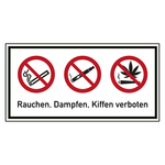 Verbotszeichen Rauchen, Dampfen und Kiffen verboten Kombischild Folie 300 x 150 mm Einzeletikett