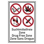 Verbotsschild Suchtmittelfreie Zone dreisprachig Kombischild Folie 200 x 300 mm Einzeletikett