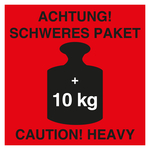 Paketaufkleber Achtung Schweres Paket Caution Heavy +10 kg Rot Haftpapier 100 x 100 mm 500 Stück/Rolle