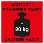 Paketaufkleber Achtung Schweres Paket Caution Heavy +20 kg Rot Folie 50 x 50 mm 500 Stück/Rolle