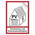Feuerwehrzeichen Warnung vor Gefahren durch Photovoltaikanlage mit Batteriespeicher Ersatzstrom und Schwarzstartfähigkeit Folie 74 x 105 mm Einzeletikett