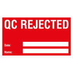 Qualitätskennzeichen QC rejected mit Datum und Name Rot Rechteckig