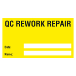 Qualitätskennzeichen QC rework repair mit Datum und Name Gelb Rechteckig