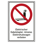 Verbotsschild Elektrischer Gabelstapler, Ameise, Elektrohubwagen verboten Kombischild