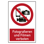 Verbotszeichen Fotografieren und Filmen verboten Kombischild