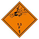 Gefahrzettel Placards Klasse 1.3 F Explosive Stoffe mit gestrichelter Kontrastlinie Folie seewasserbeständig 250 x 250 mm Einzeletikett