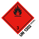 Gefahrzettel, Gefahrgutaufkleber Klasse 3 Entzündbare, flüssige Stoffe mit UN 1202 DIESEL, Flamme Schwarz, Folie, 100 x 120 mm, 500 Stück/Rolle