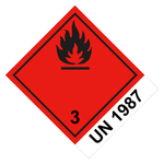 Gefahrzettel, Gefahrgutaufkleber Klasse 3 Entz&uuml;ndbare, fl&uuml;ssige Stoffe mit UN 1987, Flamme Schwarz, Folie, 100 x 120 mm, 500 St&uuml;ck/Rolle