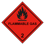 Gefahrzettel Placards Klasse 2.1 Entzündbare Gase mit Zusatztext FLAMMABLE GAS Flamme Schwarz mit gestrichelter Kontrastlinie Folie seewasserbeständig 250 x 250 mm Einzeletikett